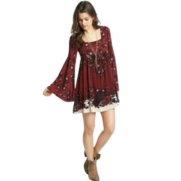 RARE Free People Floral Burgundy Bell Slv Mini Dress | Grunge Fairy Whimsigoth S - Picture 9 of 16